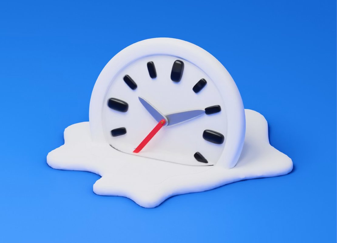 Melting white alarm clock resting on a white puddle against a bright blue background, as if time is melting away.