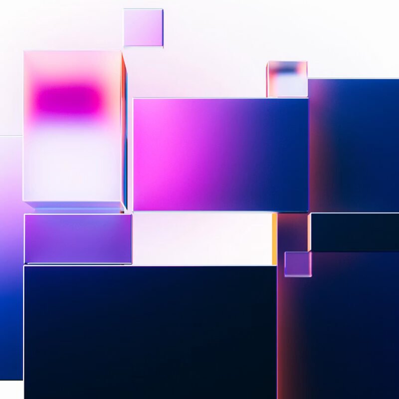 Abstract arrangement of pink, purple, and blue glossy rectangular blocks on a pale gradient background.