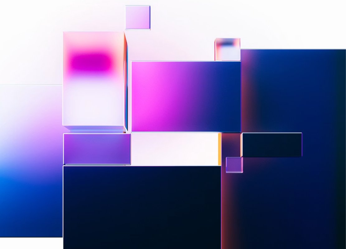 Abstract arrangement of pink, purple, and blue glossy rectangular blocks on a pale gradient background.