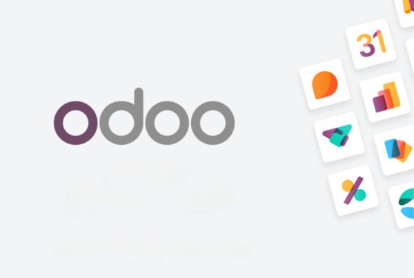 Odoo logo on the left with colorful app icons floating to the right, representing the Odoo ecosystem