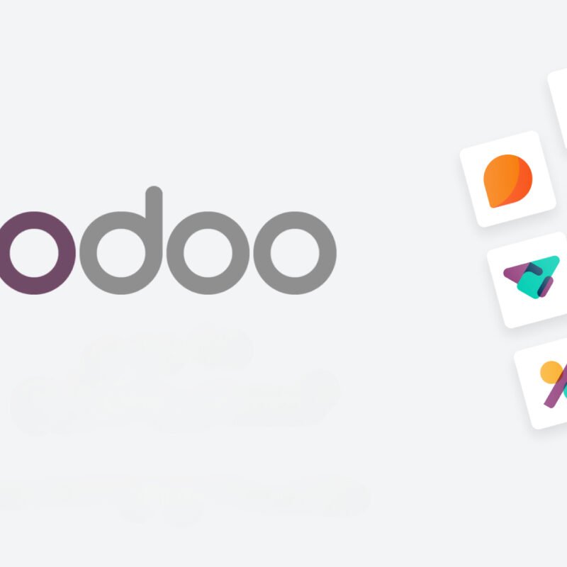 Odoo logo on the left with colorful app icons floating to the right, representing the Odoo ecosystem