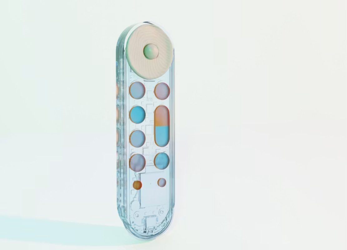 Transparent handheld pill dispenser with multiple circular pills and a large round dial at the top, arranged in a vertical layout.