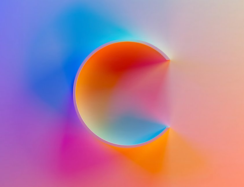 Vibrant abstract circular arc with blue, pink, and orange gradients on a soft pastel background.