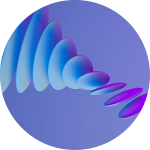 Circular abstract design with blue and purple gradient teardrop shapes forming a spiral on a purple background.