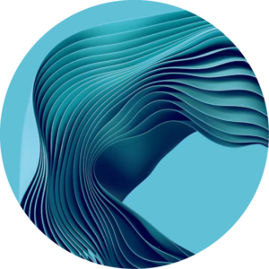 Circular image of an abstract blue wave sculpture with layered curved ridges in a round frame.