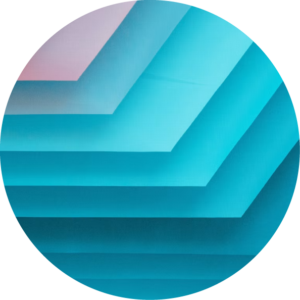 Abstract circular composition featuring blue layered chevron-like shapes with a pink tint at the top-left (decorative background).
