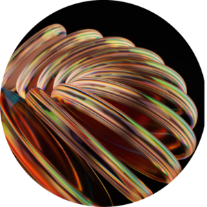 Stack of iridescent bangles with rainbow reflections on a black background.