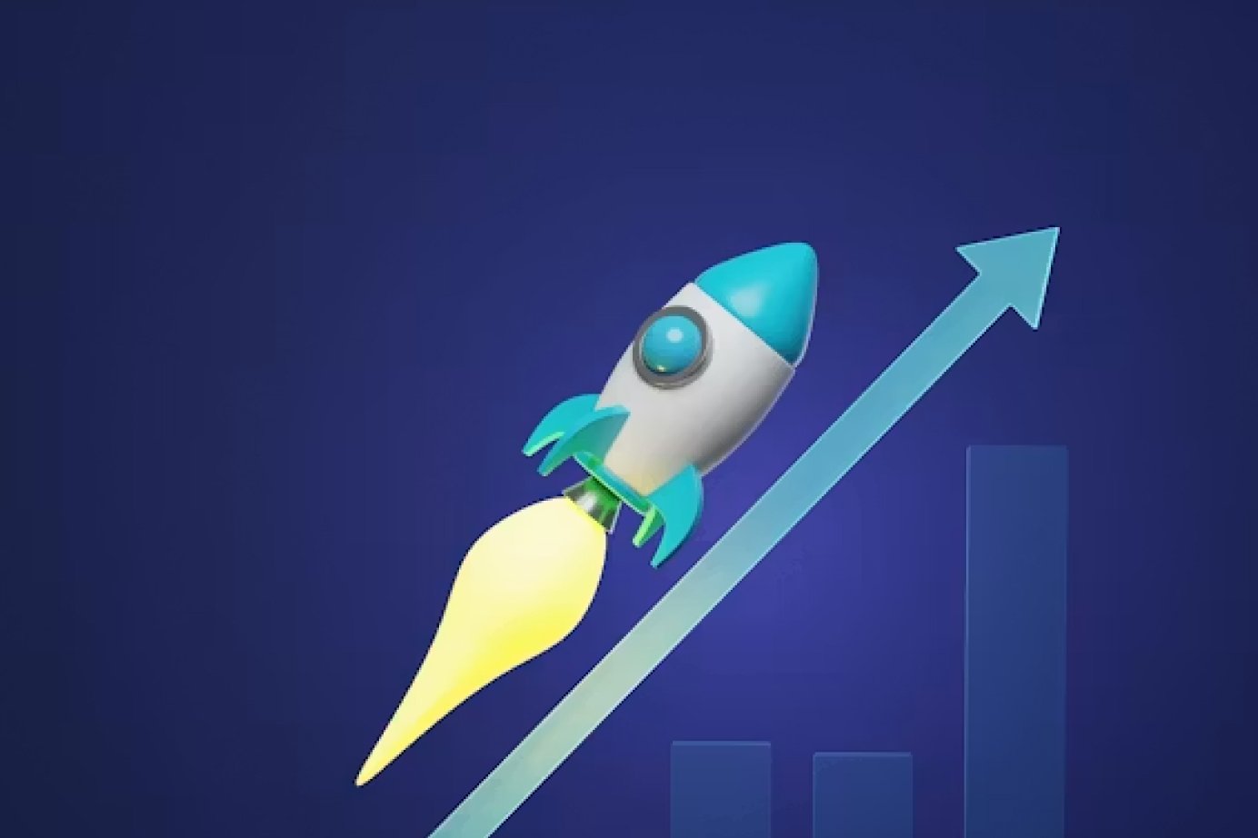 Rocket launching upward along a rising bar chart, symbolizing rapid growth or a startup boost