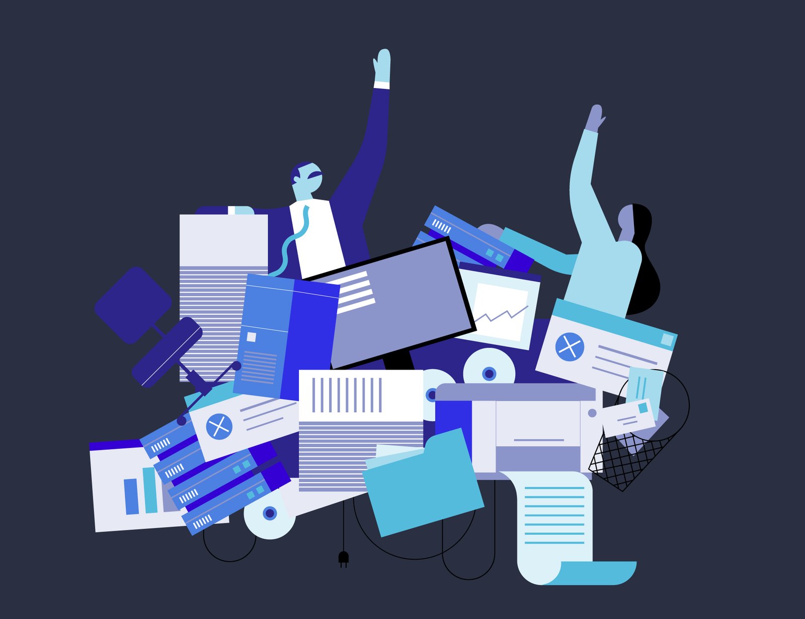 Two abstract figures raise their arms above a chaotic pile of reports, screens, and papers against a dark background.