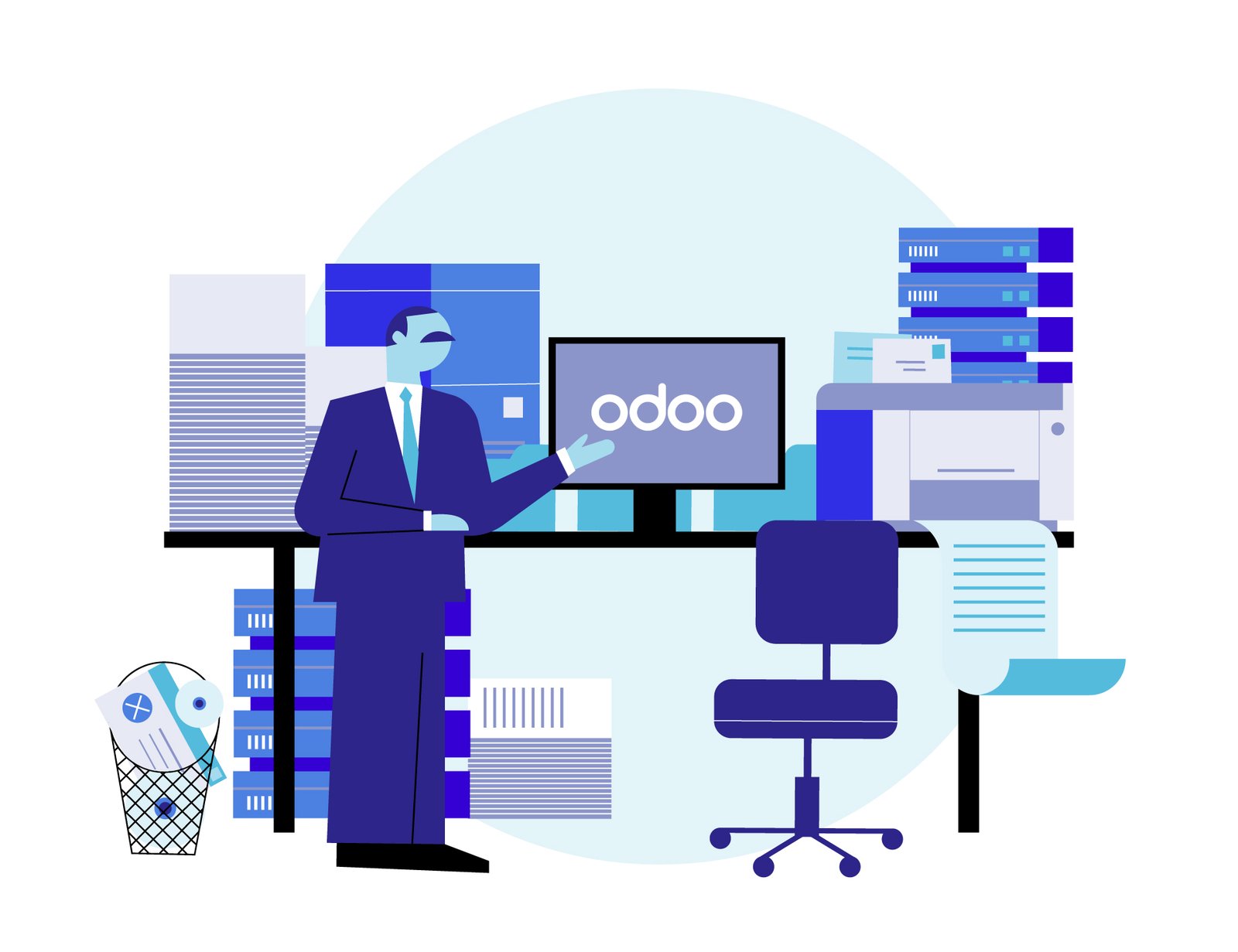 Businessperson in a suit presenting a monitor that displays 'odoo' in a server-filled office setting.