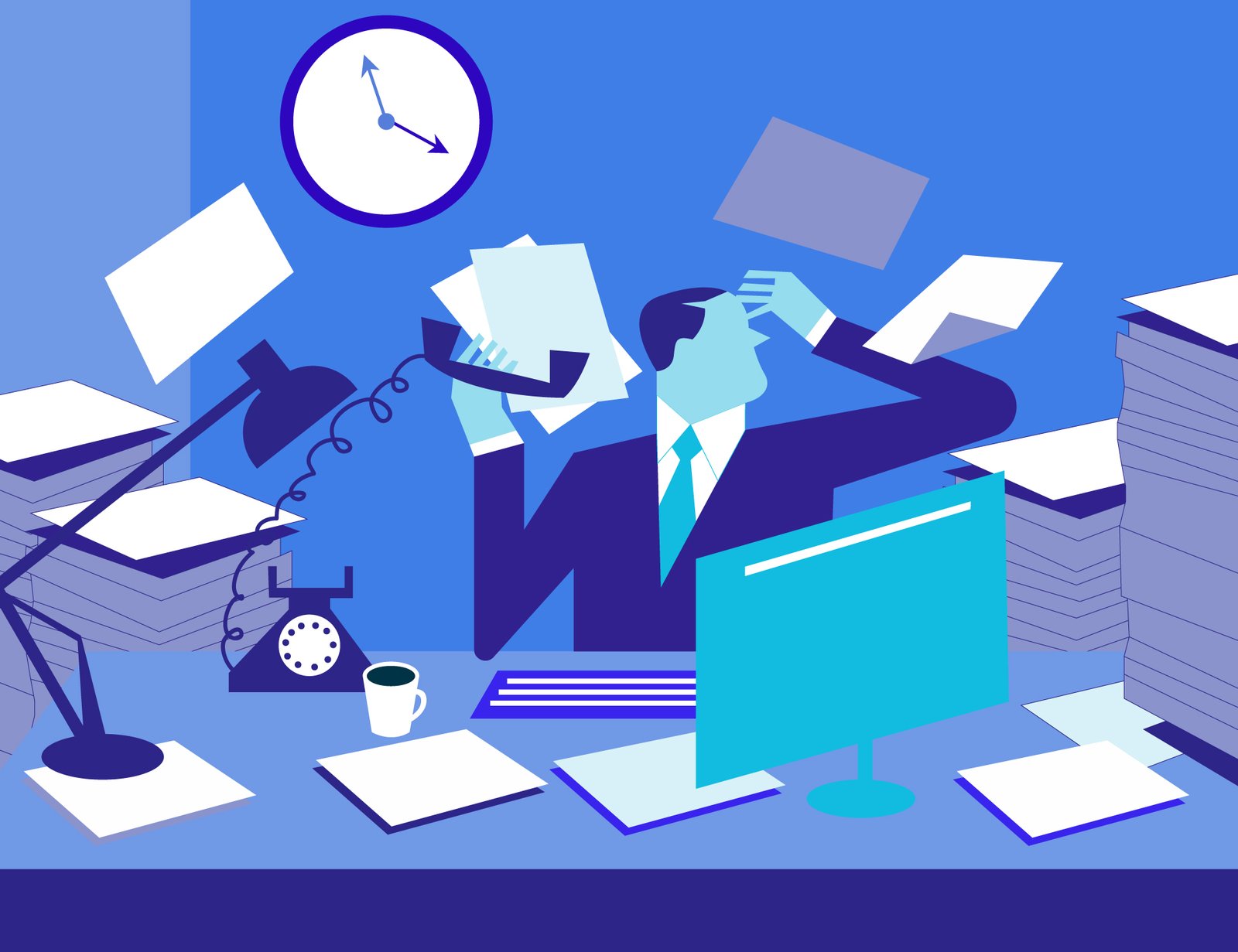 Abstract blue office scene: a stressed businessman surrounded by piles of papers, a rotary phone, a coffee cup, and a clock