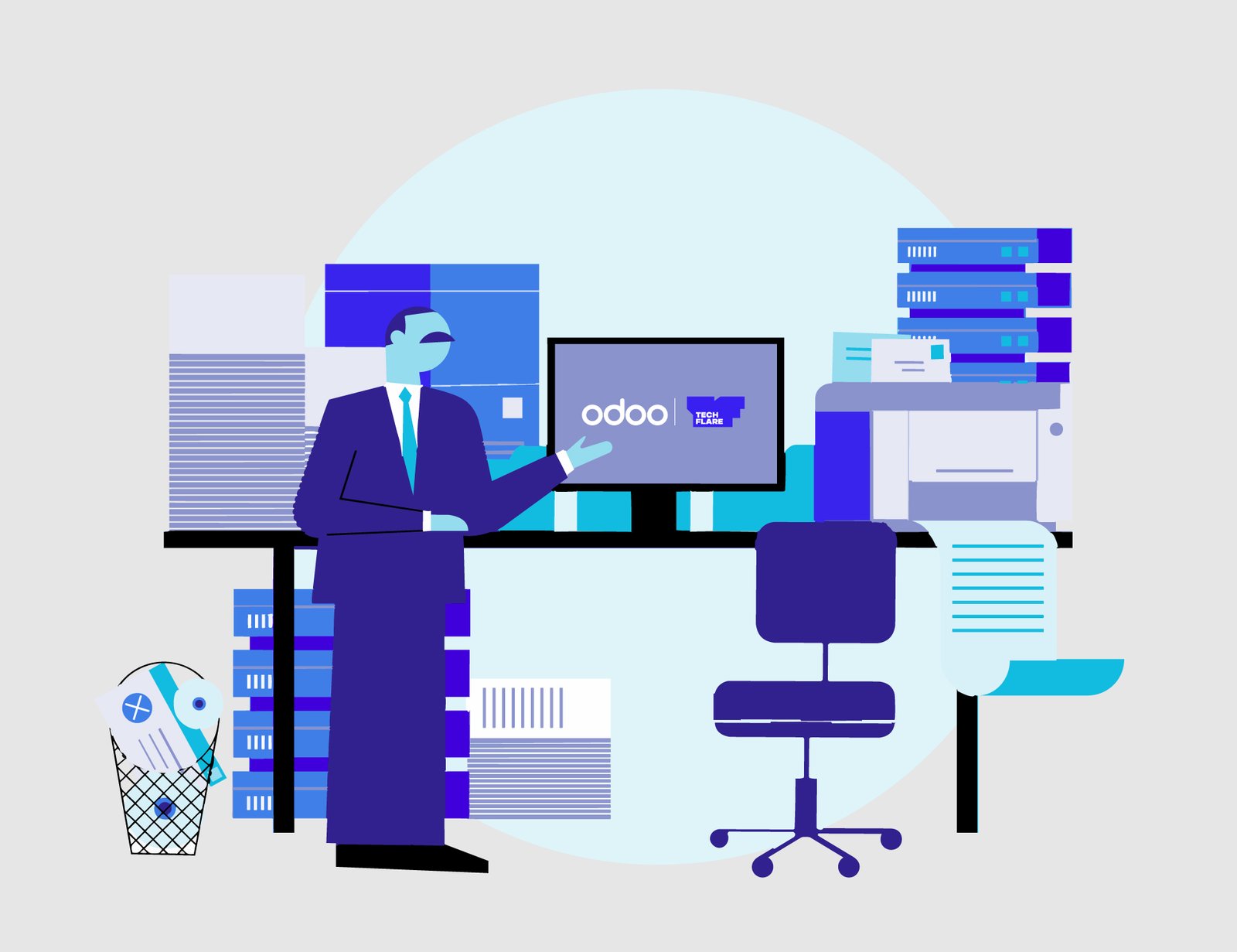 Illustration of a businessperson in a blue suit at a desk with a computer displaying the 'odoo' logo, surrounded by servers and office equipment.