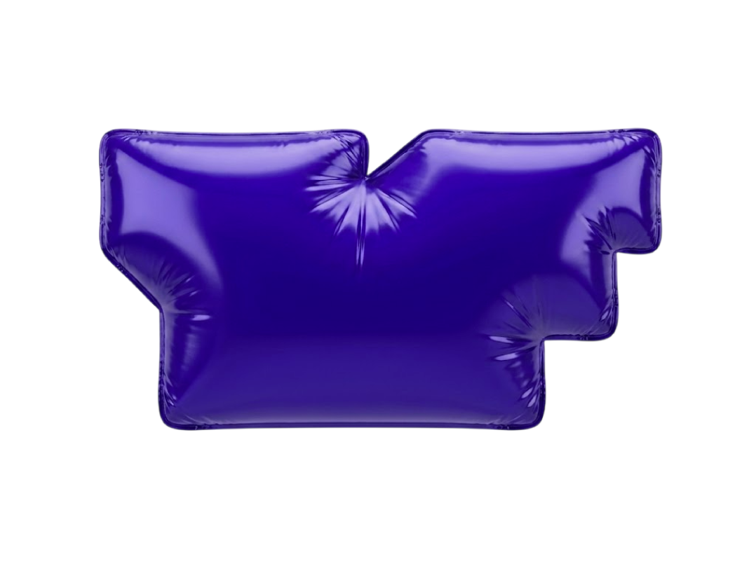 Shiny purple inflatable object shaped like a blocky letter L against a black background, with glossy surface and rounded corners.