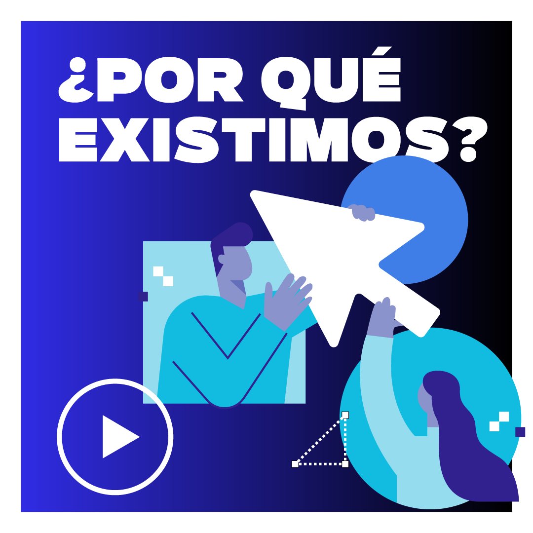 Poster with bold Spanish text '¿Por qué existimos?' and abstract blue shapes, a large white cursor, and a play button arc in the foreground.